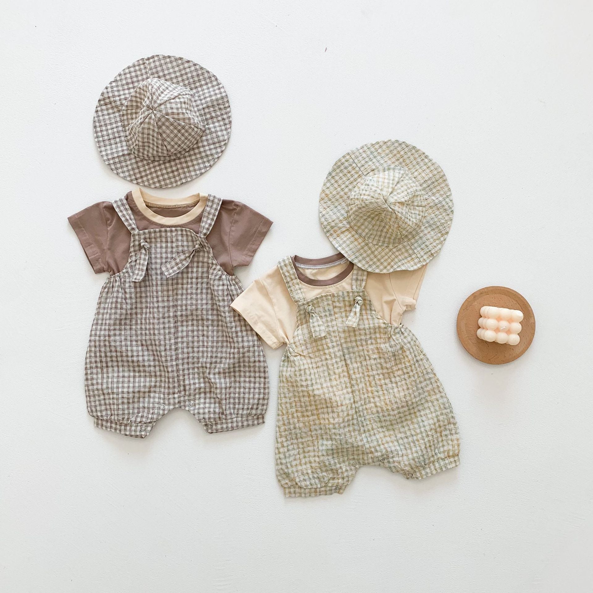 2 Pieces Set Baby Kid Boys Solid Color Tops And Checked Rompers Wholesale 24040903