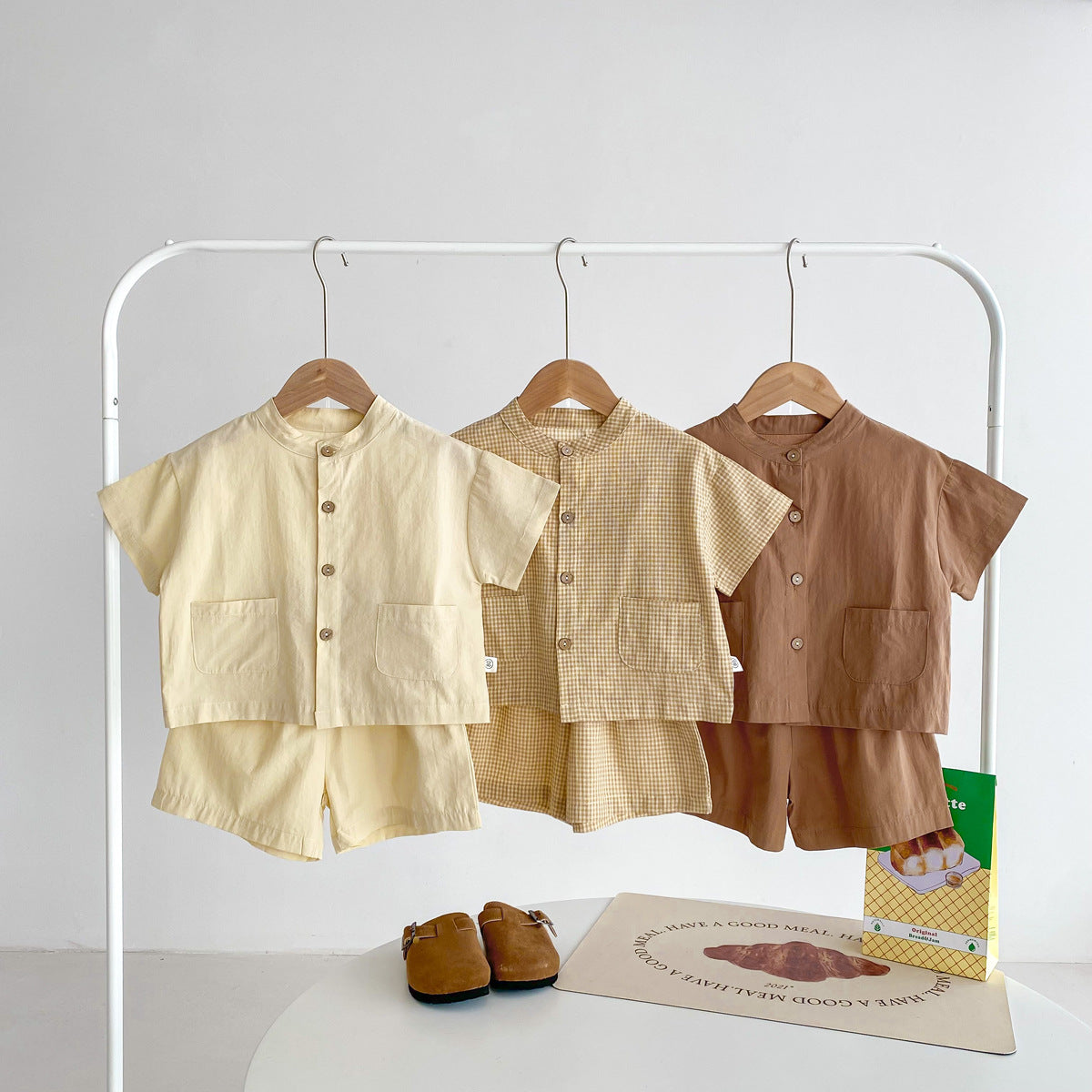 2 Pieces Set Baby Kid Boys Solid Color Checked Tops And Shorts Wholesale 240409107