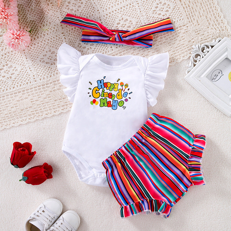 2 Pieces Set Baby Girls Letters Rompers And Color-blocking Shorts Wholesale 240409176