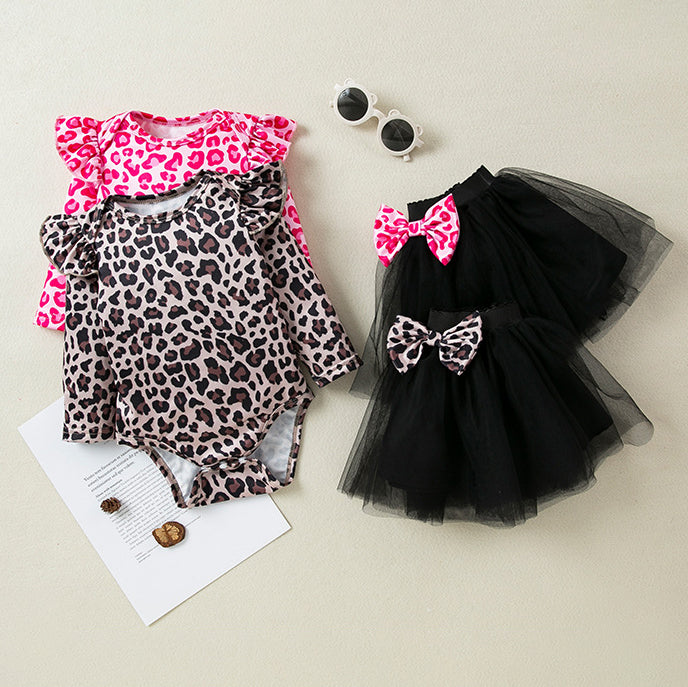2 Pieces Set Baby Girls Leopard Rompers And Solid Color Skirts Wholesale 24040955