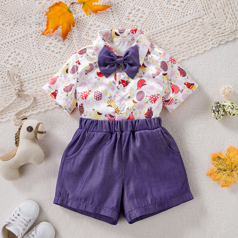 2 Pieces Set Baby Kid Boys Animals Print Shirts And Solid Color Shorts Wholesale 24040982