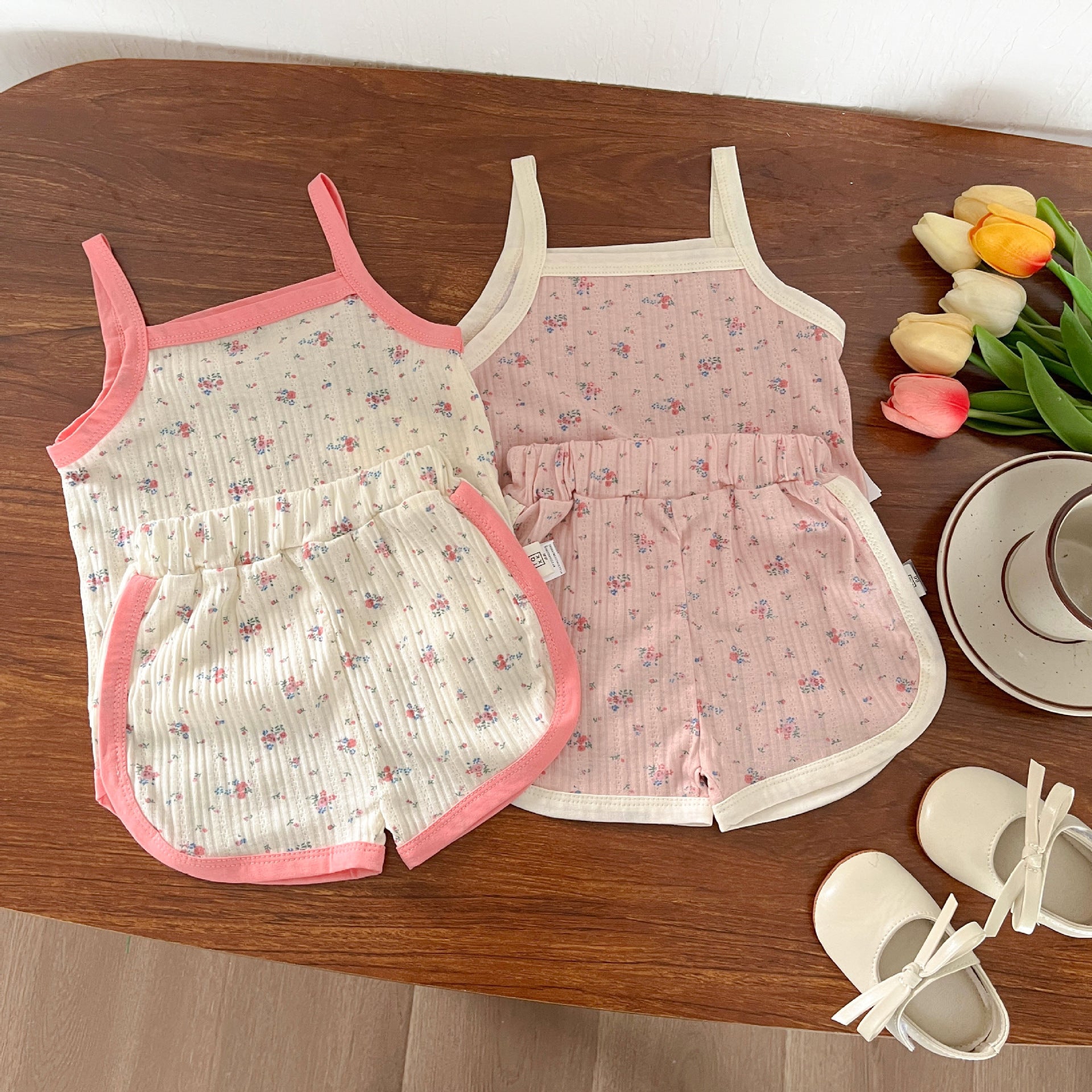 2 Pieces Set Baby Kid Girls Flower Print Tank Tops And Shorts Wholesale 240522219