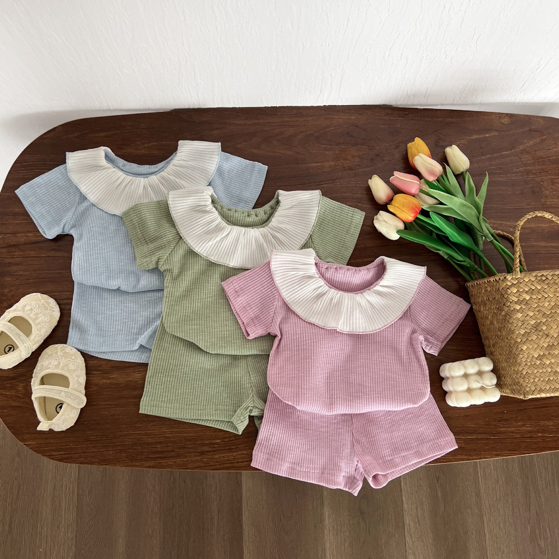 2 Pieces Set Baby Kid Girls Solid Color Tops And Shorts Wholesale 240522315