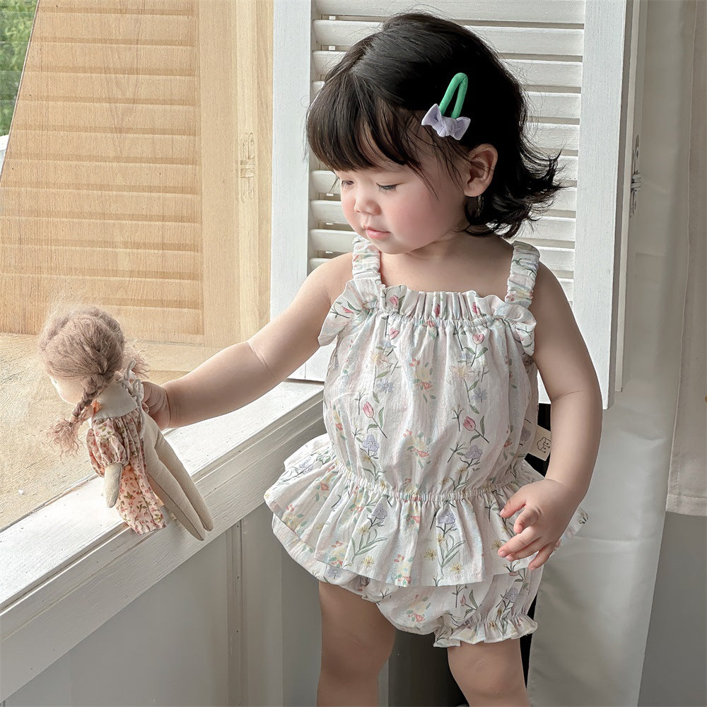 2 Pieces Set Baby Kid Girls Flower Print Tank Tops And Shorts Wholesale 240522348