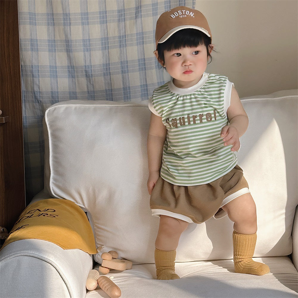 2 Pieces Set Baby Kid Boys Striped Letters Tops And Shorts Wholesale 24052285