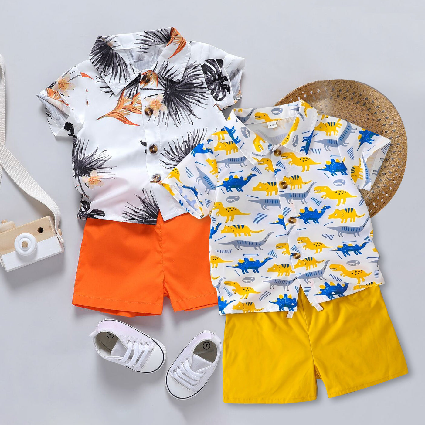 2 Pieces Set Baby Boys Dinosaur Plant Tank Tops And Solid Color Shorts Wholesale 24070111