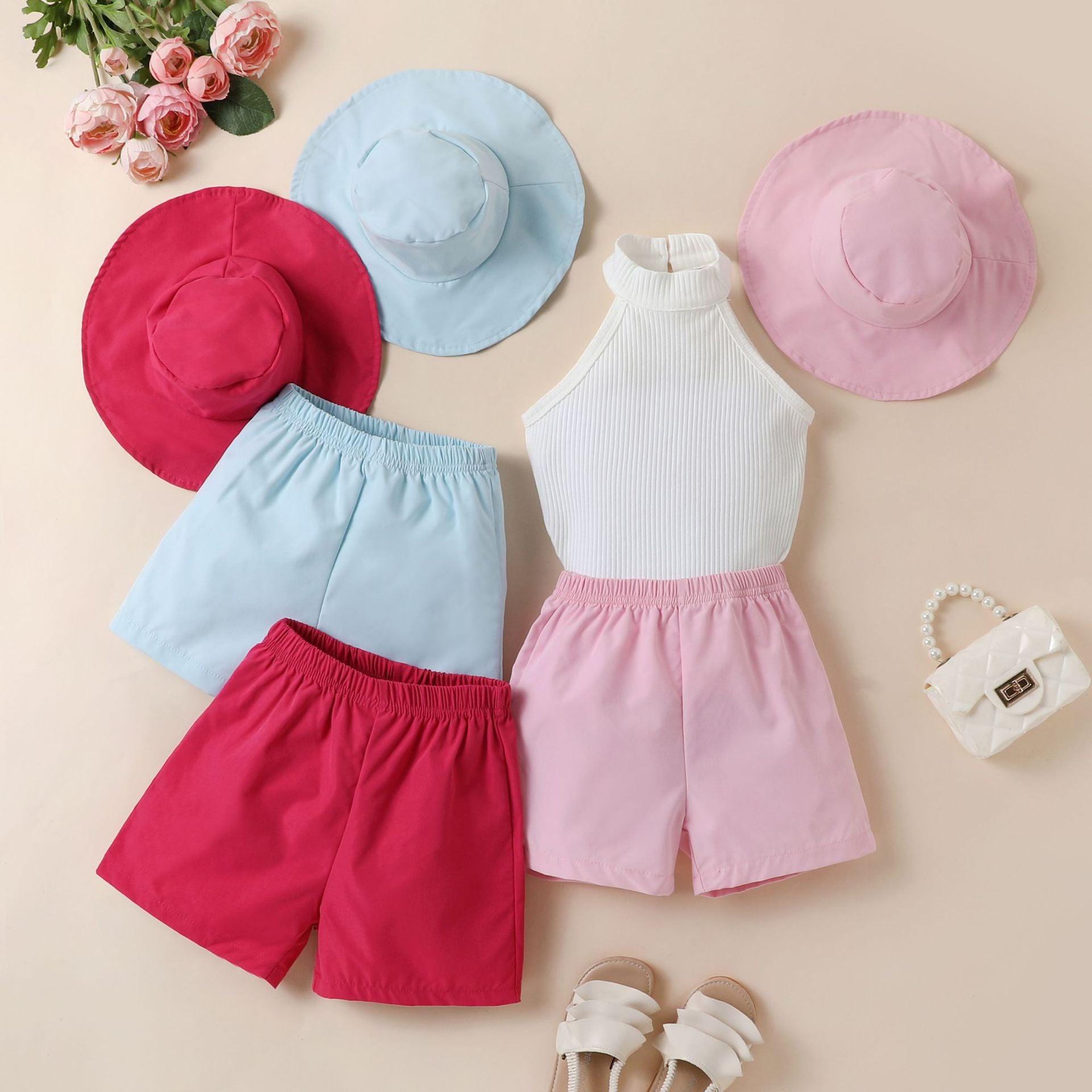 2 Pieces Set Baby Kid Girls Solid Color Tank Tops And Shorts Wholesale 240701154