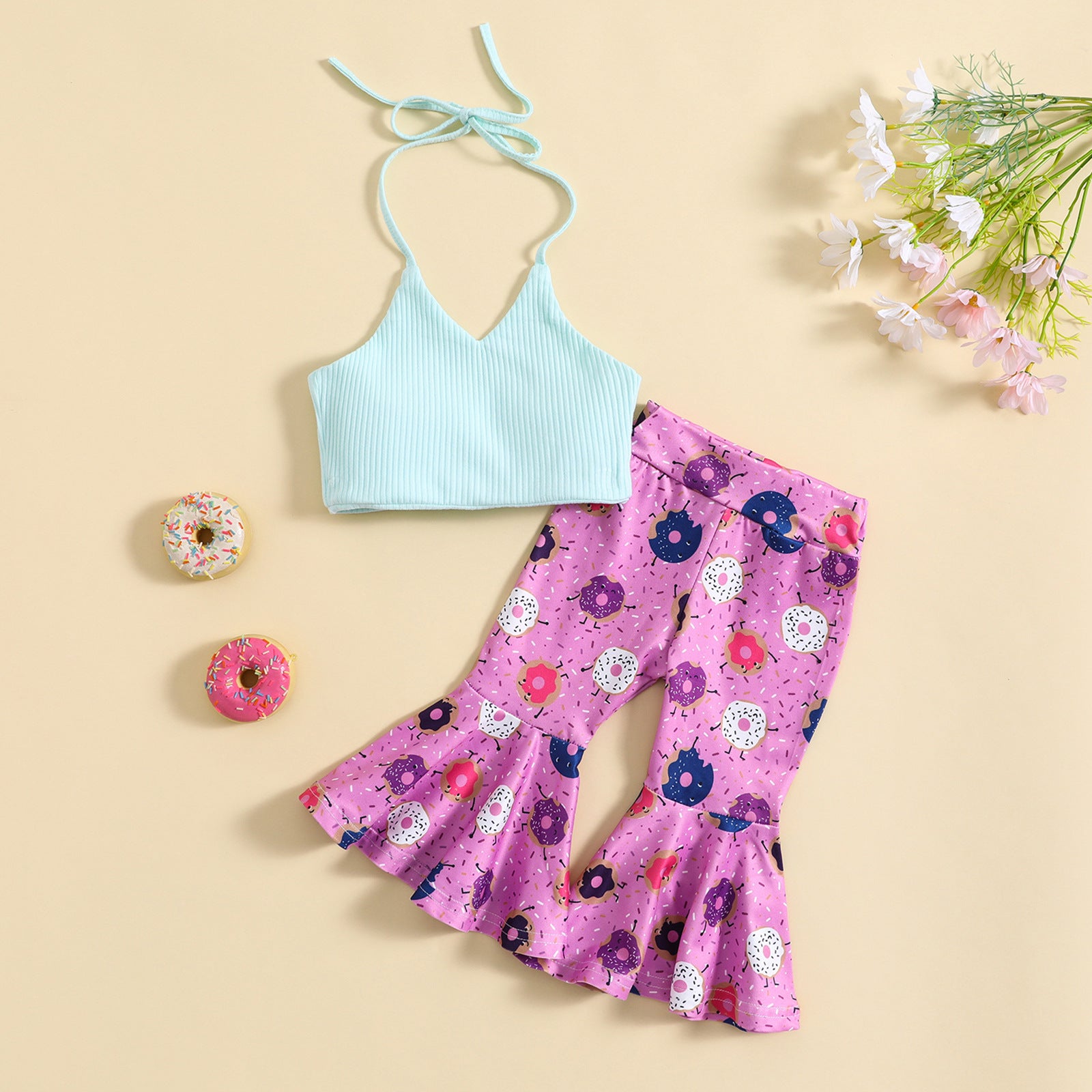 2 Pieces Set Baby Kid Girls Solid Color Print Tank Tops And Pants Wholesale 24070118