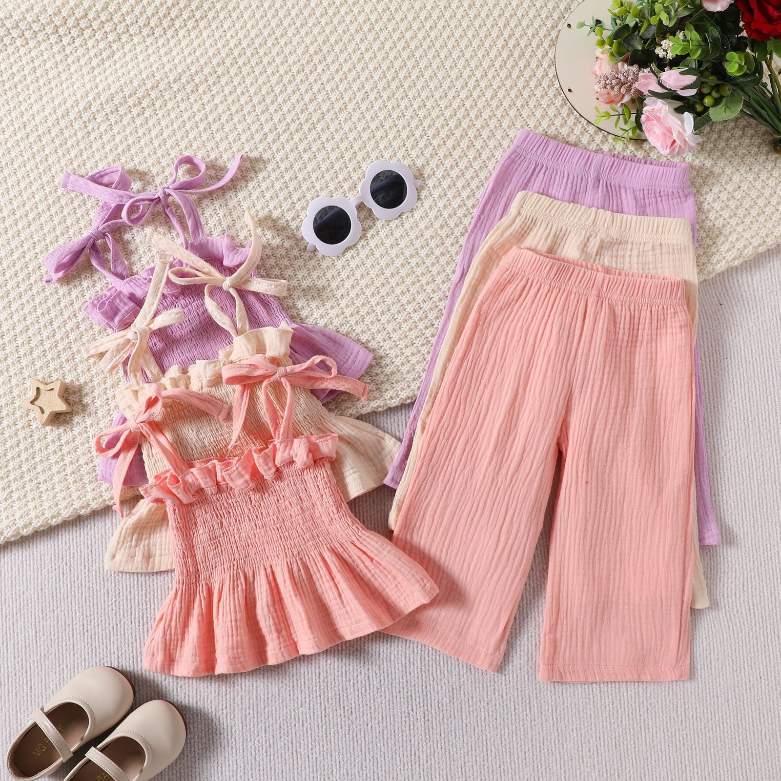 2 Pieces Set Baby Kid Girls Solid Color Tank Tops And Pants Wholesale 24070138