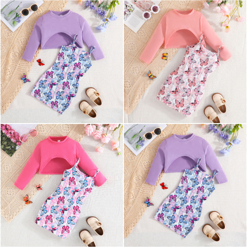 2 Pieces Set Baby Kid Girls Solid Color Tops And Butterfly Dresses Wholesale 24070146