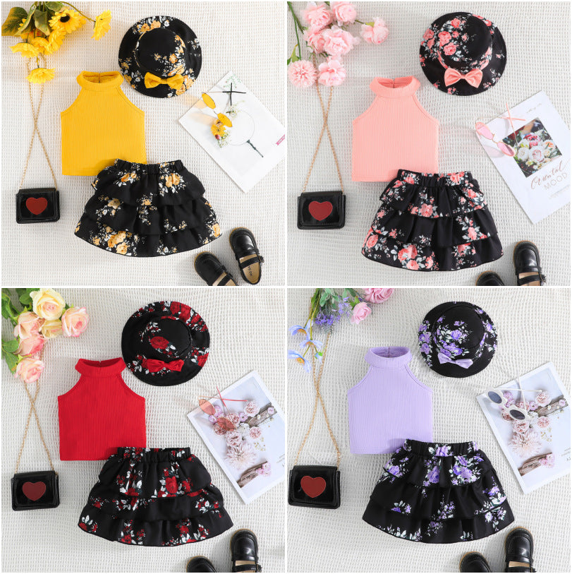 3 Pieces Set Baby Kid Girls Solid Color Tank Tops Flower Skirts And Hats Wholesale 24070162