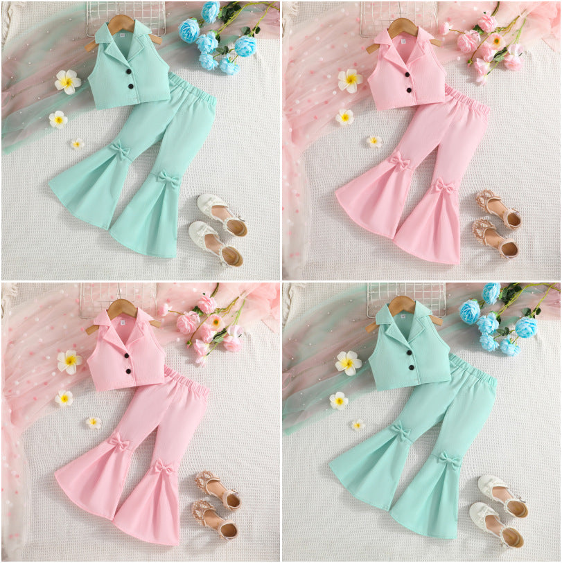 2 Pieces Set Kid Girls Solid Color Tank Tops And Bow Pants Wholesale 24070167
