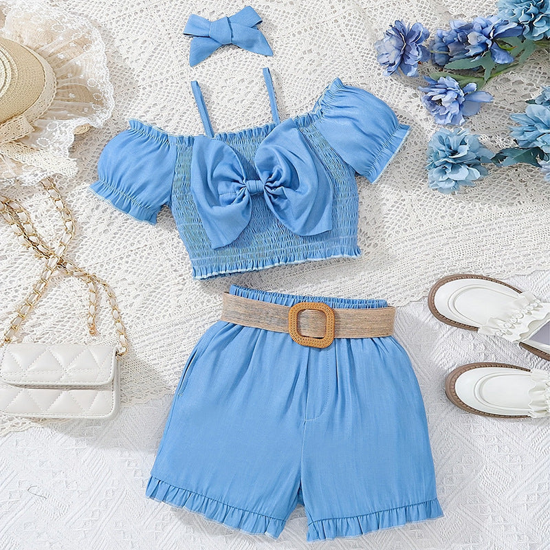 2 Pieces Set Kid Girls Bow Tank Tops And Solid Color Shorts Wholesale 24070173