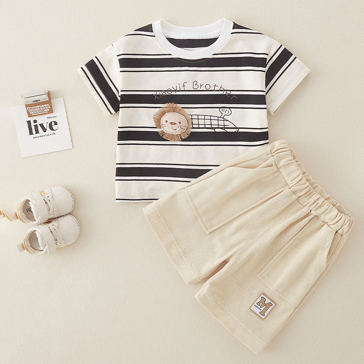 2 Pieces Set Baby Kid Boys Striped Tops And Solid Color Shorts Wholesale 24070172