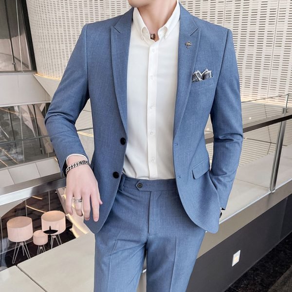 (Jacket Pants) Fashion Men&#8217-s Pure Color Leisure Suits Gray Blue Black Slim Fit Men Business Banquet Suit Set Plus Size 3XL 4XL