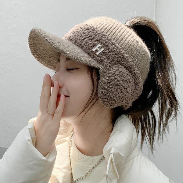 CNTANG  Fashion Trend With Earflaps Empty Top Baseball Caps Lambswool Knitted Women&#8217-s Hat Autumn Winter Thicker Warm Cap