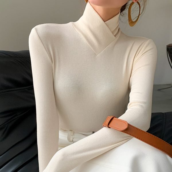Stand-up Collar Long-sleeved Stretch T-shirt Women&#8217-s Fall/winter Fleece Padded Warm Basic Pullover Bottoming Shirt Fashion Top