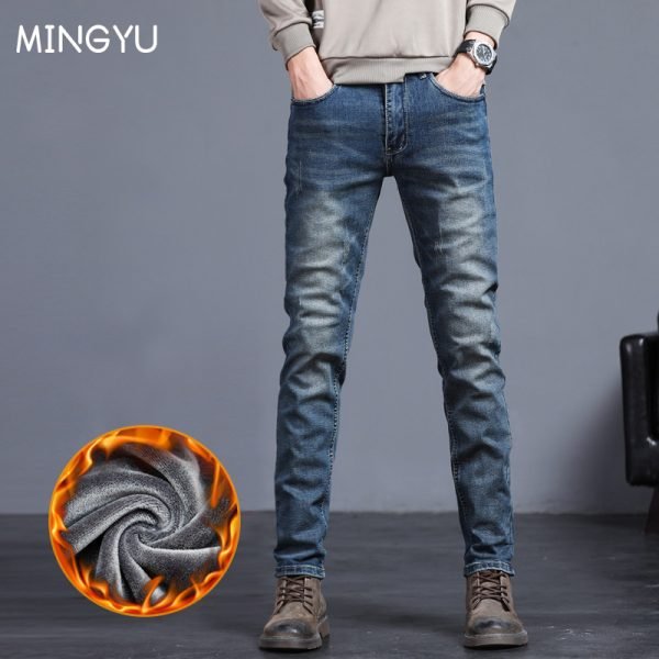 Winter Fleece Warm Men&#8217-s Jeans Vintage Blue Cotton Classic Slim Skinny Fashion Streetwear Thick Fluff Denim Trousers Male 27-38
